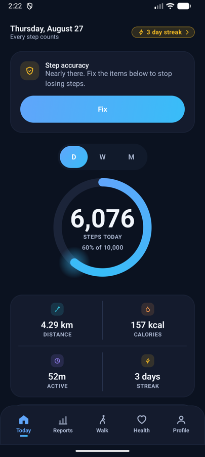 The Today screen on Android, showing a step ring with the day's progress.
