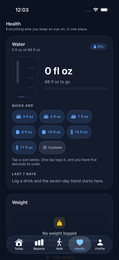 The health screen on iPhone, showing weight, water, sleep and heart rate entries.